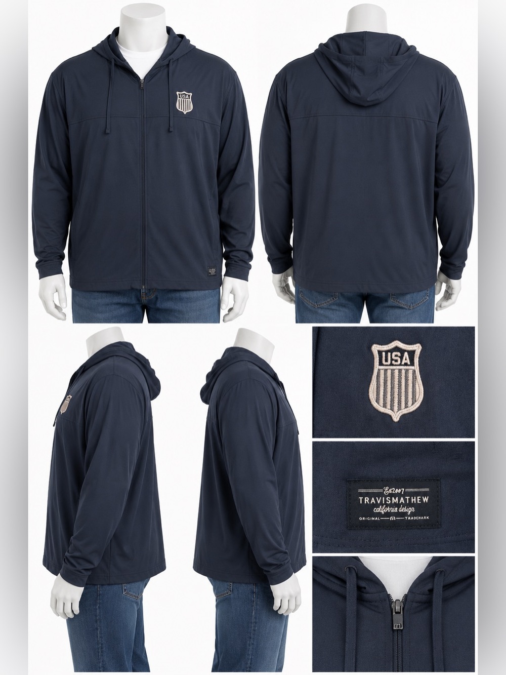 Travis Mathew Balboa Hooded Full Zip Jacket Men’s 3XL Dark Navy USA Shield Golf